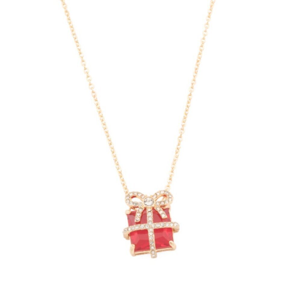 NWT TRUE TO FORM Red & Gold Holiday Gift Box Rhinestone Charm Pendant Necklace